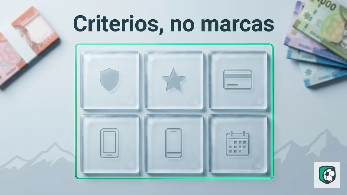 Cinco fichas de vidrio helado con íconos de licencia, reputación, pagos, app y antigüedad para comparar casinos como Ivibet en Chile
