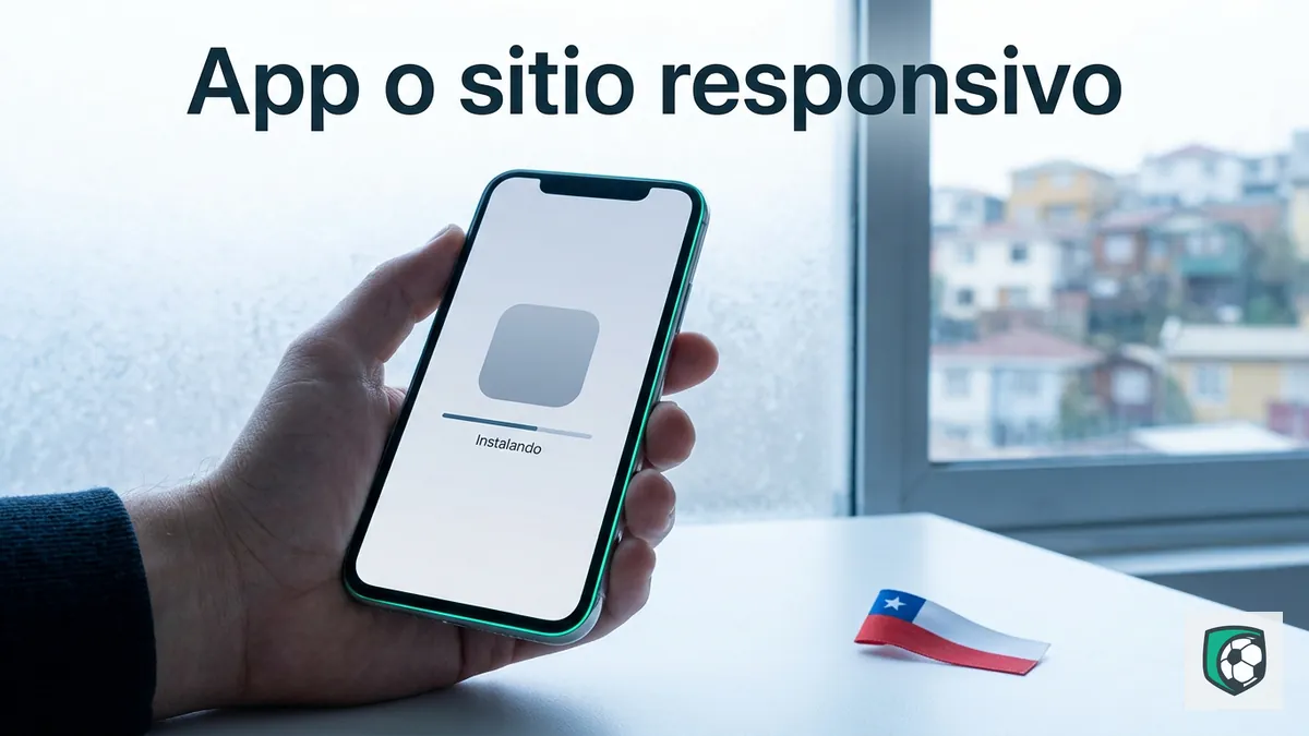 Teléfono mostrando pantalla de instalación de app en español, con Valparaíso de fondo, sobre el debate app nativa vs sitio responsivo de Ivibet