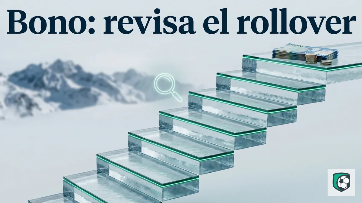 Escalera de vidrio helado con monedas CLP que representa cómo leer el rollover del bono de bienvenida antes de comparar casinos