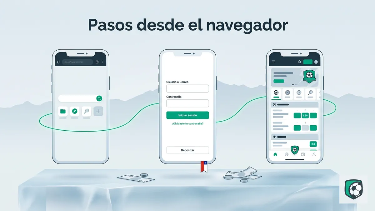 Tres pantallas de celular mostrando los pasos para entrar y apostar en Ivibet Chile desde el navegador móvil