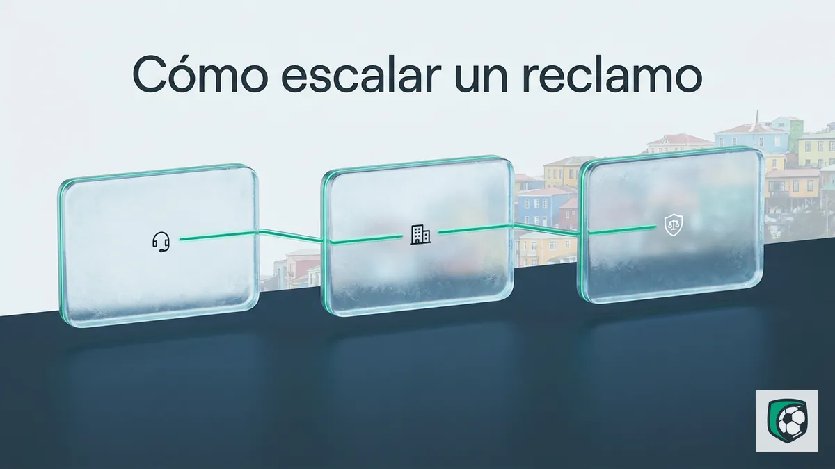 Línea de tiempo de tres pasos para escalar un reclamo en Ivibet Chile, con Valparaíso de fondo